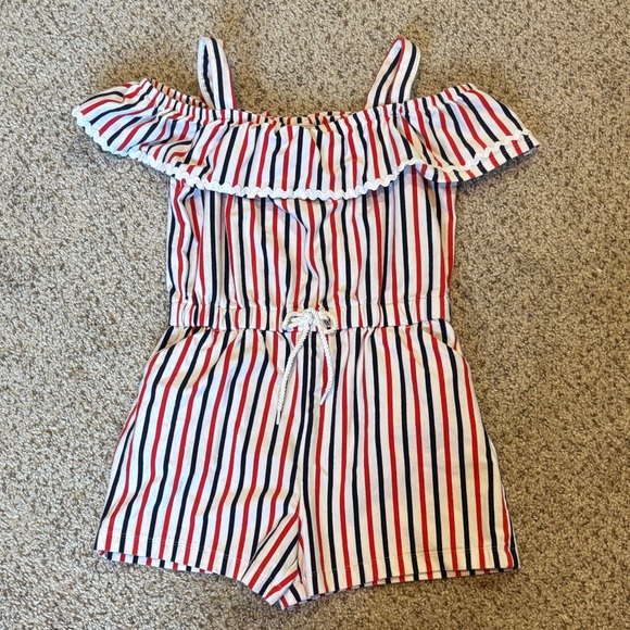 Janie and Jack Other - Janie & Jack Striped Off the Shoulder Romper Size 6 | Ruffle | Stripes | Pockets